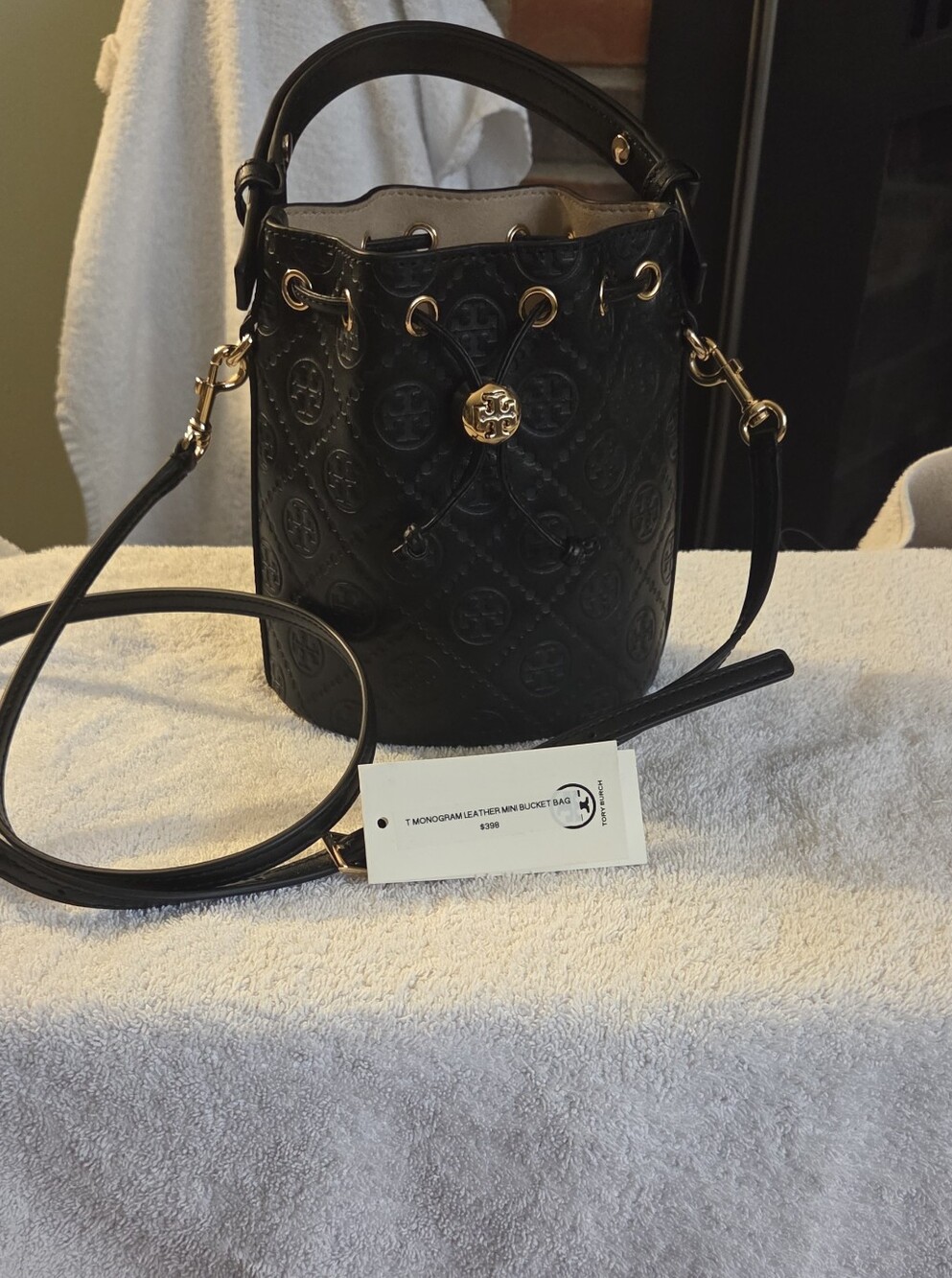 Tory Burch Black Monogram Leather Bucket Bag